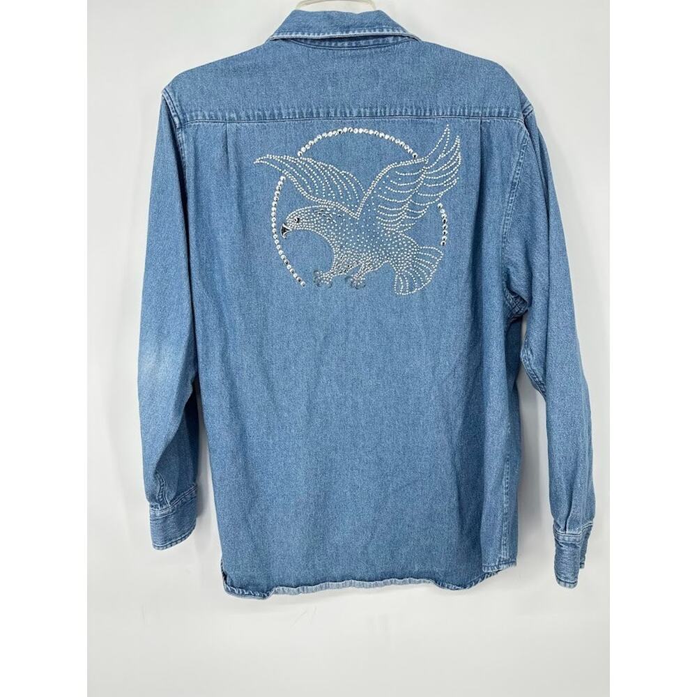 Vtg Blue Denim Button Shirt Womens XL Rhinestone Eagle Bling Western Patriotic